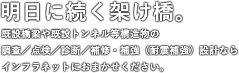 明日に続く架け橋。既設橋梁や既設トンネル等構造物の調査／点検／診断／補修・補強（耐震補強）設計ならインフラネットにおまかせください。