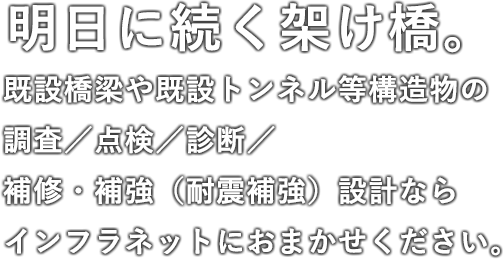 明日に続く架け橋。既設橋梁や既設トンネル等構造物の調査／点検／診断／補修・補強（耐震補強）設計ならインフラネットにおまかせください。